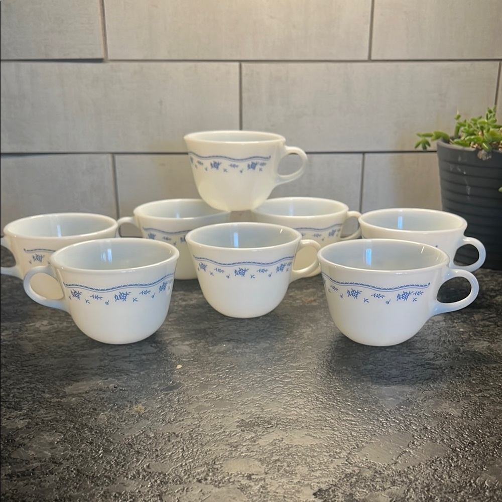 Vintage Pyrex Morning Blue.  Blue and White Cups Set of 8. 6 Oz each.